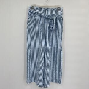 J.O.A. Womens Capri Pants Blue White Stripe High Rise Belted Pockets Cotton S